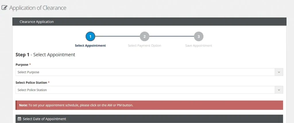 Clearance application Appointment selection