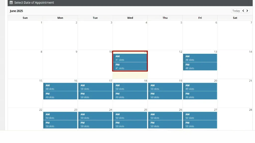 Clearance application Appointment day/date selection
