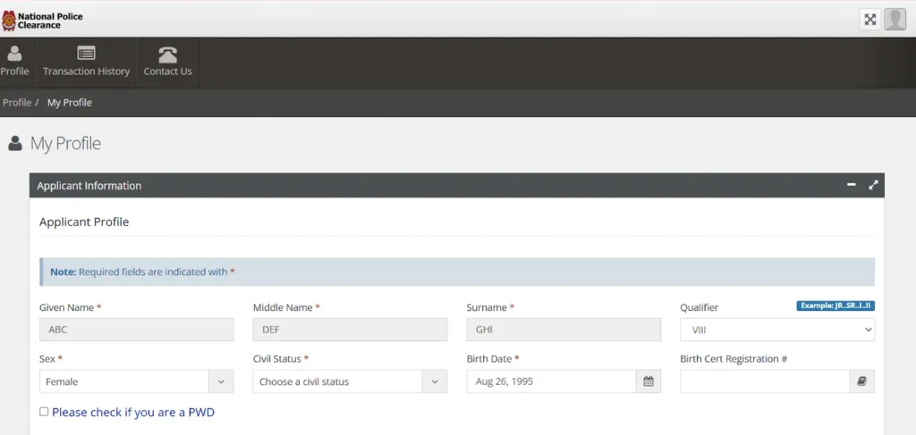 PNP clearance form (Bio data entry)