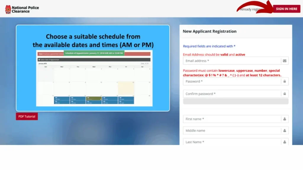National Police Clearance online Sign in page