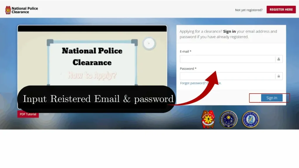 National Police Clearance sign in (input Registered Email)